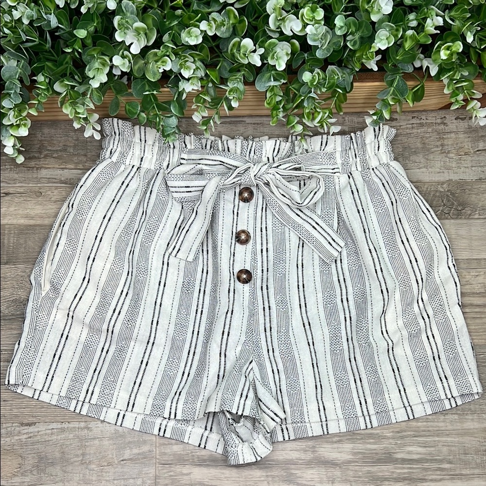 Sienna Sky White and Black Cabana Stripe Bow Shorts